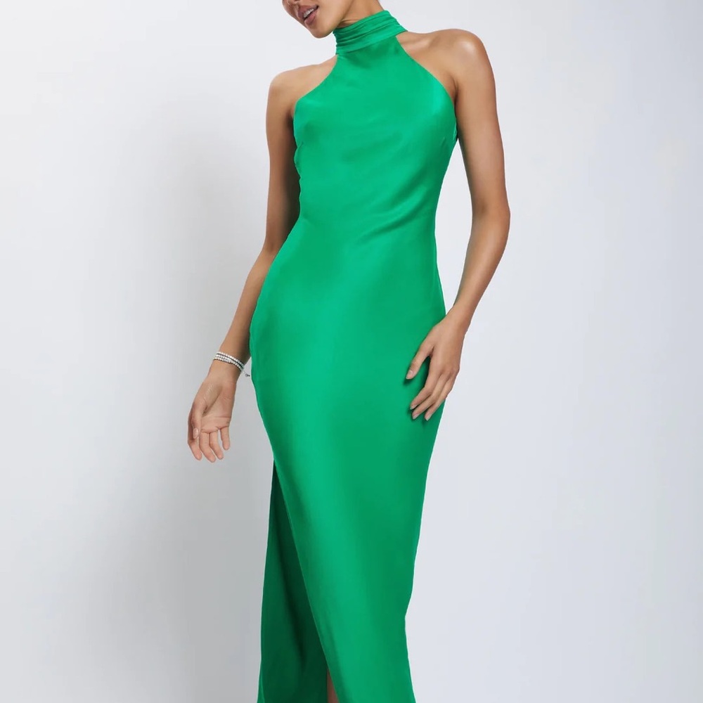 Meshki Claire Green satin drape back maxi dress small NWT
